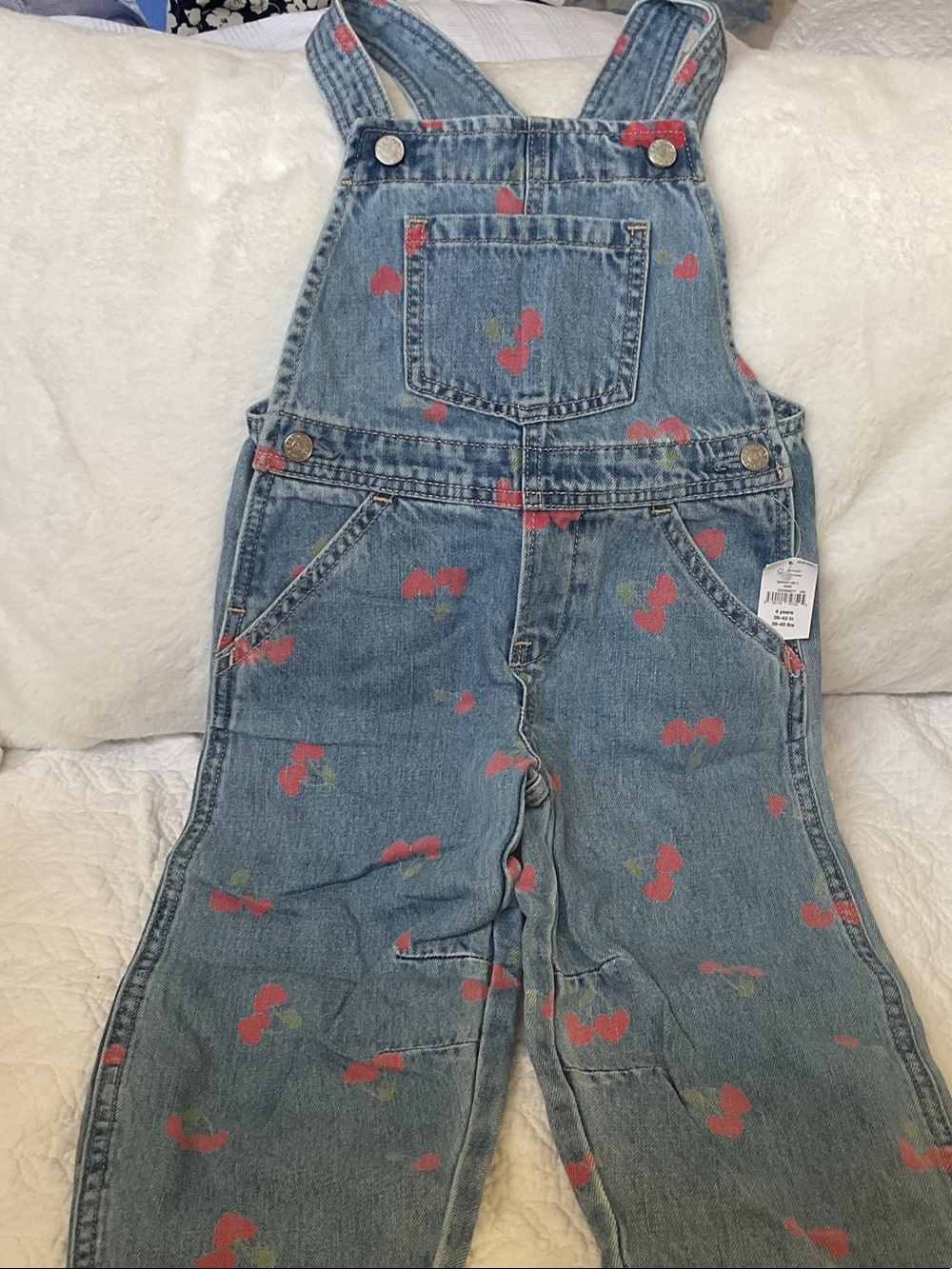 GAP Light Blue Denim Overalls with Red Cherry Print